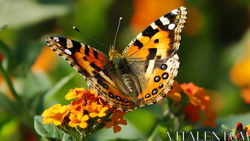 Sunlit butterfly rests gently on bright garden flowers