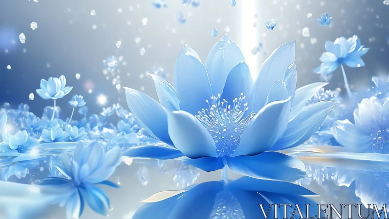 Blue lotus flowers with water reflections and particle effects