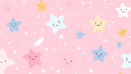 Smiling pastel star friends drift across a cotton candy sky.