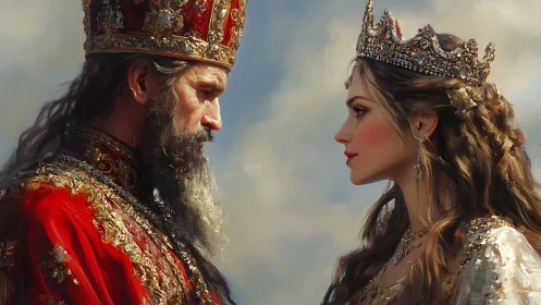 Regal oil portrait of king and queen in profile confrontation.