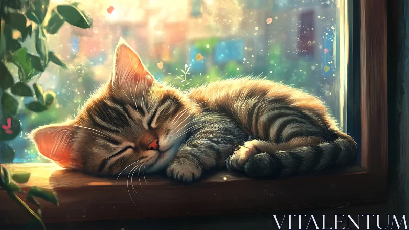 Tabby cat sleeping on window sill with magical bokeh background