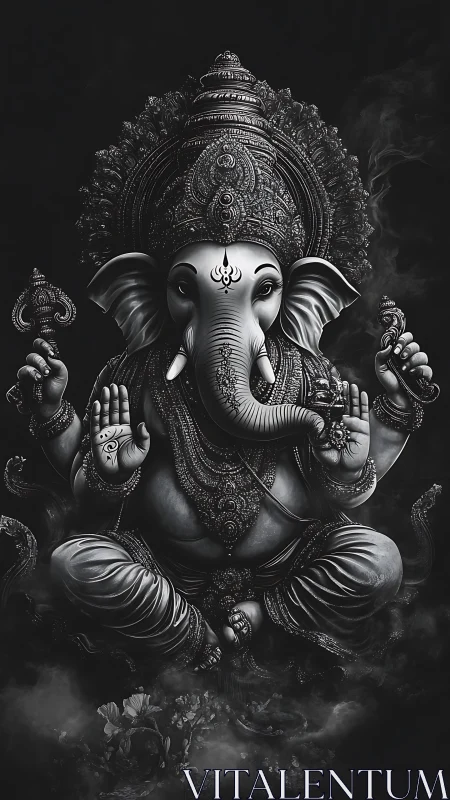 Monochrome Ganesha idol sits in ornate divine symmetry