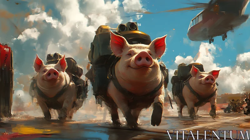 Armored pigs advance across tarmac under low helicopter