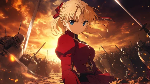 Anime knight heroine leading blazing sunset battlefield charge.