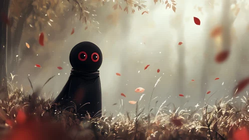 Little shadow wanderer in a misty autumn dreamscape forest.