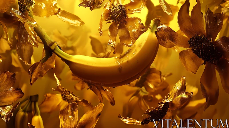 Golden banana floats amid translucent metallic flowers