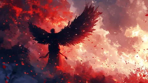 Dark-winged angel rises amid blazing crimson sky.