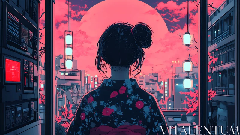 Woman in kimono observing neon urban skyline at sunset.