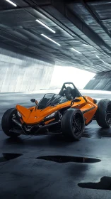 Orange three wheeled roadster waits under sleek tunnel lights