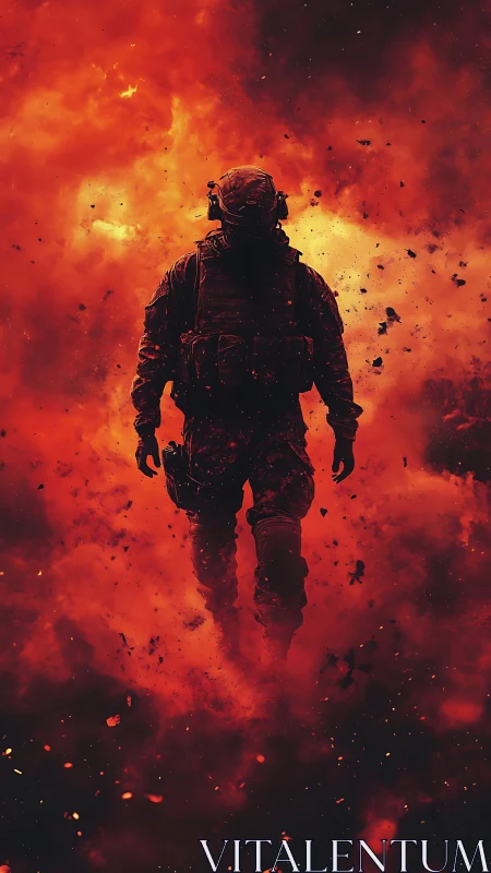 Digital painting of soldier silhouette in engulfing inferno field.