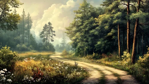 Forest pathway with tall pines and wildflower meadow under bright sky