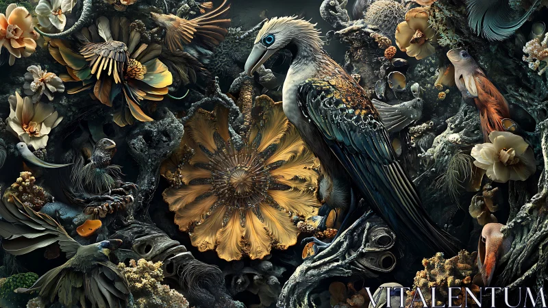 Surreal jungle bird stands amid ornate floral dreamscape.
