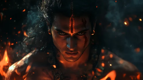 Fire-forged warrior spirit glows amid embers and shadowed smoke.