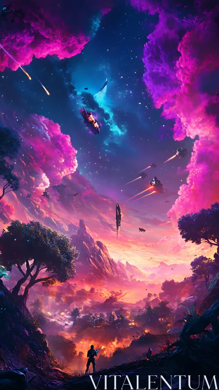 Neon frontier skies and starfall cruisers above ember valley.