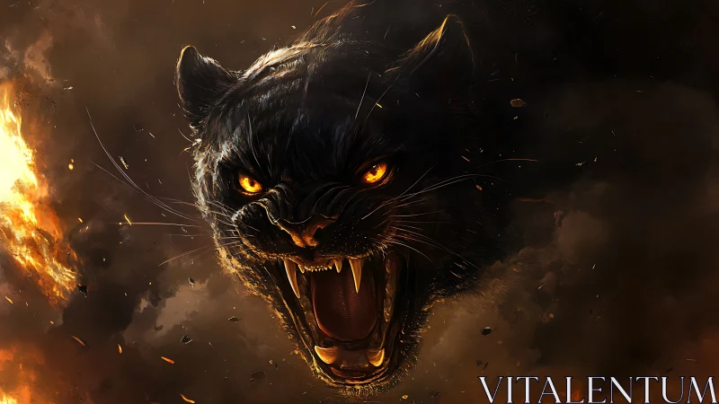 Firelit black panther roar amid swirling embers and smoke.