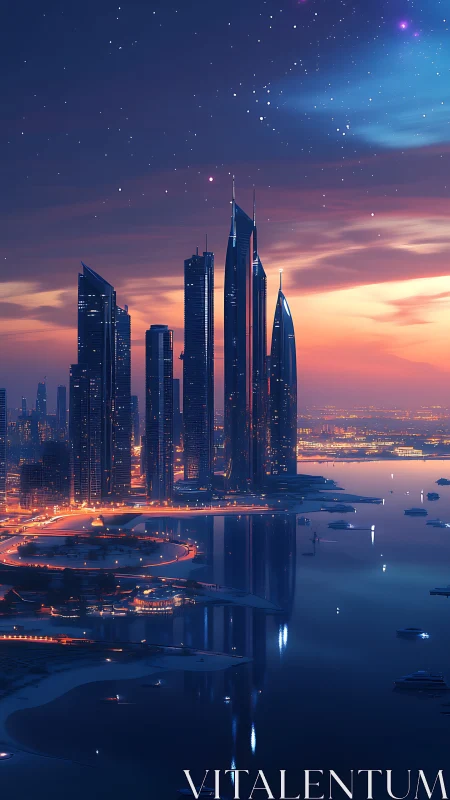 Starlit harbor skyline where dreamy towers meet calm water.