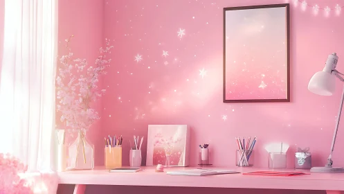 Dreamy pink home office glows with soft light and sparkle