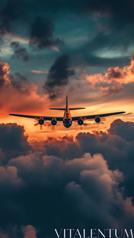 Four engine propeller aircraft silhouette cruising above clouds