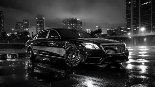 Sleek luxury sedan glows against a rainy nighttime cityscape