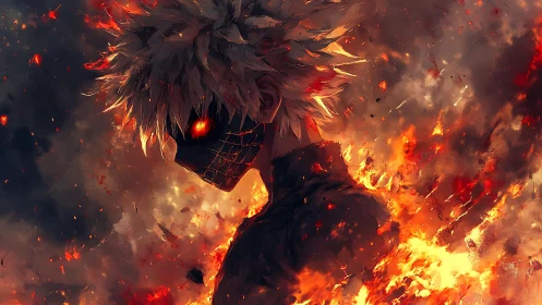 Masked white haired warrior stands amid raging inferno