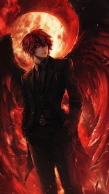 Red winged figure in suit before large burning moon.