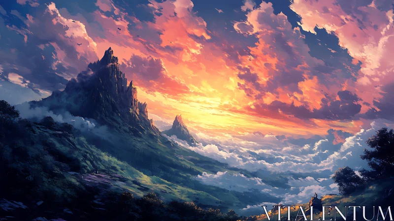 Layered mountain landscape extends beneath dense sunset clouds