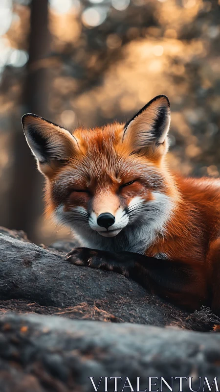 Red fox rests serenely on forest rock at golden hour.