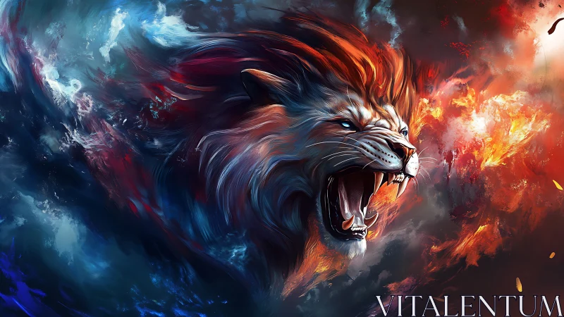 Roaring elemental lion splits stormfire sky in motion