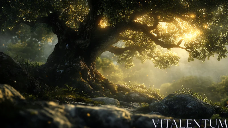 Ancient Tree Canopy Bathes in Luminous Golden Sunlight Through Misty Forest Atmosphere