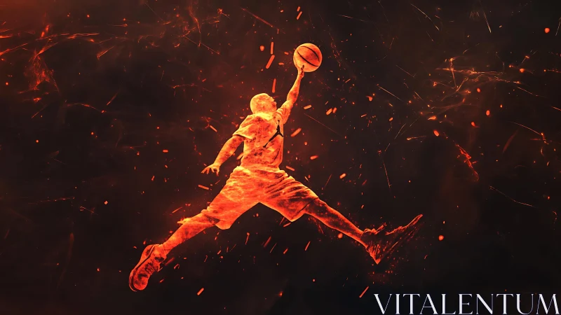 Luminous orange silhouette of leaping basketball player in flames