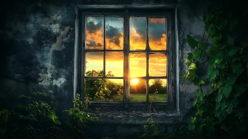 Old window frame opening onto vivid golden sunset view.