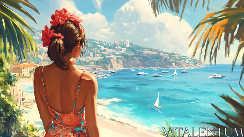 Woman in floral dress surveys sunlit Mediterranean marina