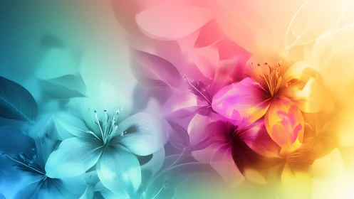 Gradient-lit translucent blossoms with multicolor bokeh diffusion.