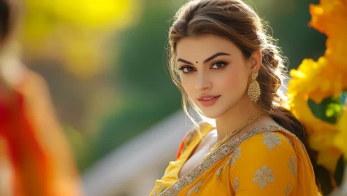 Photorealistic portrait of woman in yellow saree, soft bokeh