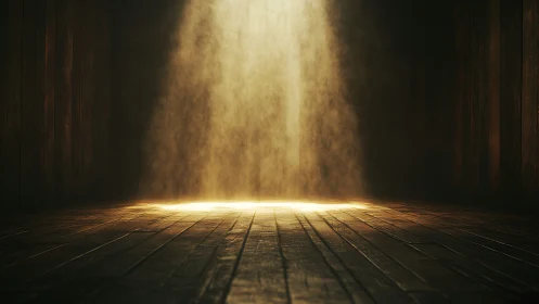 Volumetric spotlight piercing particulates in wooden chamber.