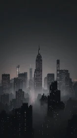 Nocturnal high-rise skyline emerges from dense urban fog