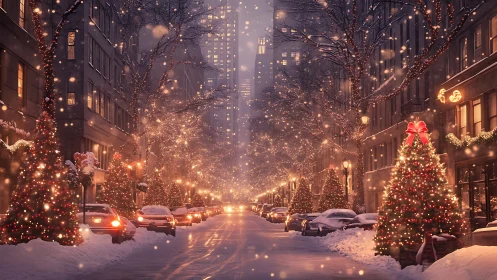 Snowy city street glows with cozy Christmas lights and trees