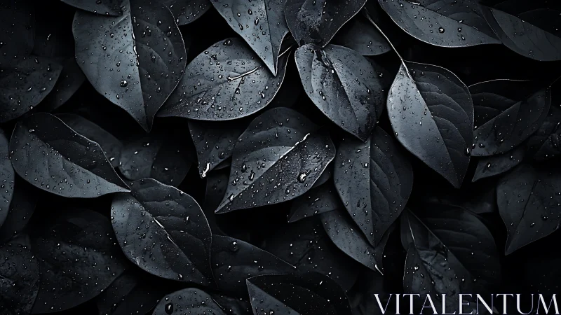 Moody dark foliage with raindrops in layered closeup pattern.