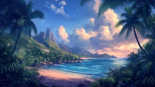 Tropical coastal landscape with island formation and atmospheric conditions