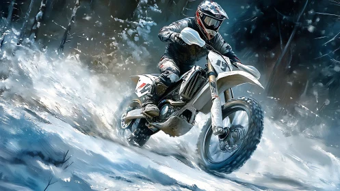 Snow-slashed forest bends as the dirt bike carves frozen thunder