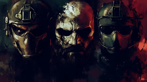 Triad of armored warriors in moody chiaroscuro portrait.