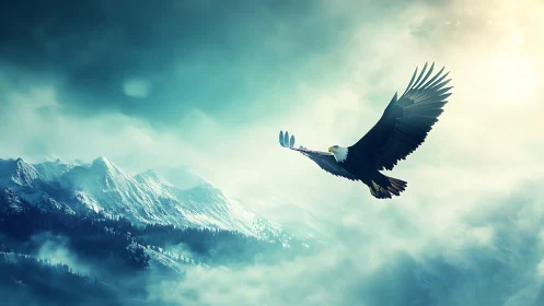 Majestic bald eagle soaring over misty snowy mountains at sunrise.