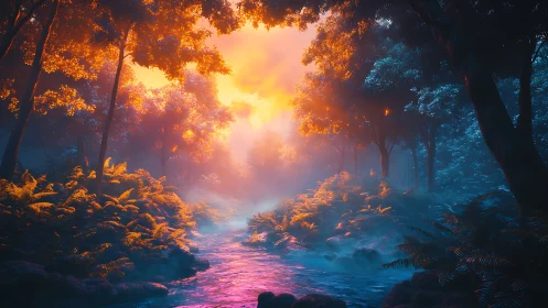 Illuminated forest pathway with luminous stream light source.