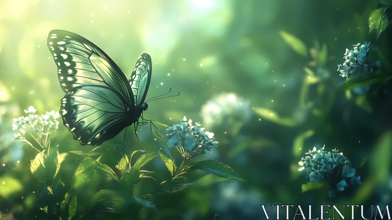 Emerald butterfly resting on dewlit flowers in soft bokeh field.