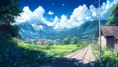 Summer mountain village road under vivid blue sky.