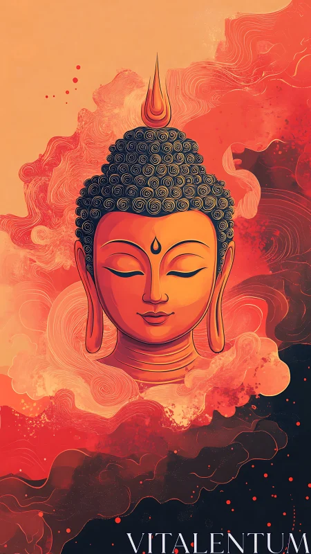 Serene Buddha face glows gently within swirling warm clouds