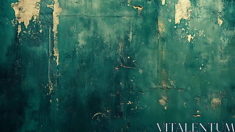 Distressed teal painted wall with peeling texture, grunge style.