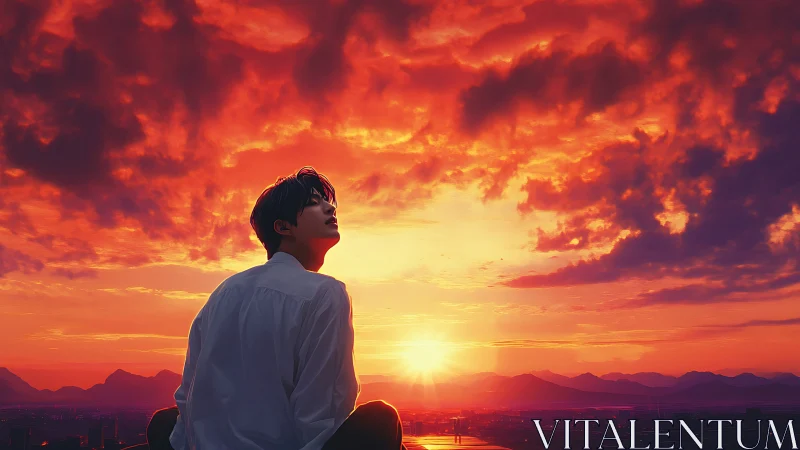 Silhouetted figure observing vivid orange sunset sky.