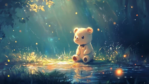 Backlit plush bear in volumetric forest light with glowing particles