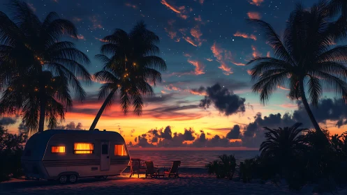 Sunset beach camper under glowing palm silhouettes at dusk.